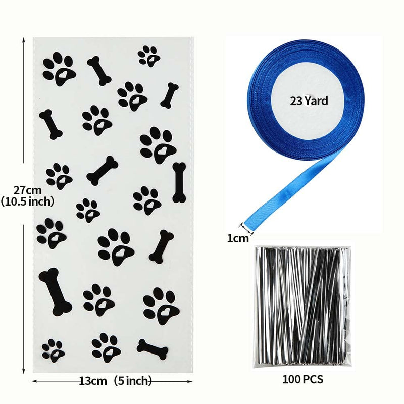 Mosoisy 100 Pack Paw Print Clear Plastic Cellophane Bags - Dog Paw Treat Bags 10.5X5" With Ribbon and Twist Ties Dog Gift Bags Candy Bags Cookie Bags Treat Bags with Ties and Ribbon Cellophane Treat Bags for Dog Party Favor and Supplies - BeesActive Australia