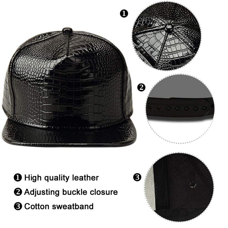 XRDSS Men Women PU Leather Hip-Hop Flat Bill Snapback Hat Crocodile Baseball Caps Black - BeesActive Australia