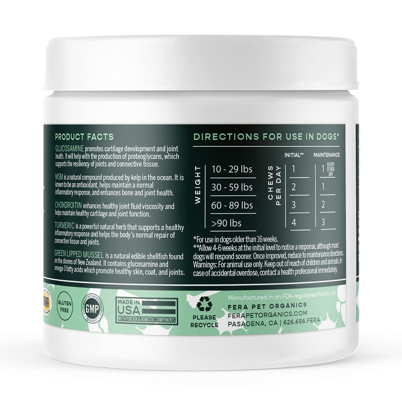 Hip + Joint Dog Supplement, Joint Support for Dogs with Glucosamine Chondroitin and MSM, Joint Care and Health Support Chewy Dog Treats, 90 Soft Chews - Fera Pet - BeesActive Australia