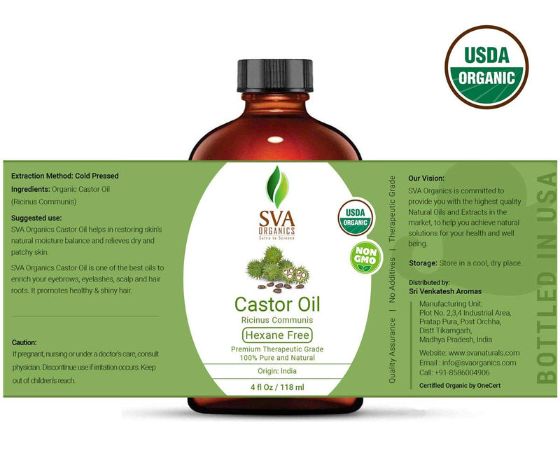 SVA ORGANICS 100% PURE CASTOR OIL WITH DROPPER 4 Oz (118 ML) THERAPEUTIC GRADE | COLD PRESSED, HEXANE FREE - HAIR GROWTH, EYELASHES, EYEBROWS, SKIN & BODY MASSAGE. - BeesActive Australia