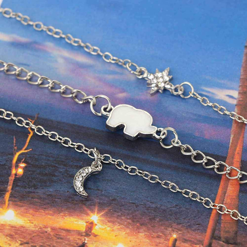 Jovono Multilayered Crescent Moon Star Pendant Necklaces Boho Elephant Necklace Chain Jewelry for Women and Girls (Silver) Silver - BeesActive Australia