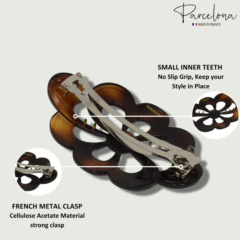 Parcelona French Wide Flower 4" Medium Tortoise Shell Celluloid Hair Barrette Clips Non Slip Women Hair Accessories, Made in France - BeesActive Australia