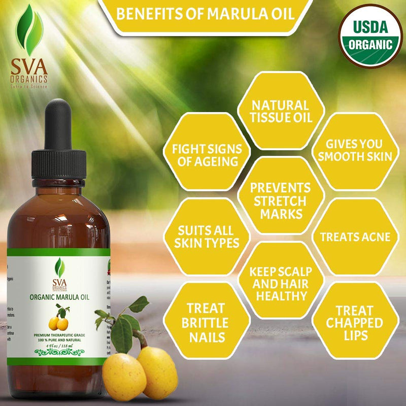 SVA Organics Marula Oil Organic USDA 4 Oz Pure Natural Cold Pressed Carrier Unrefined Luxury Oil for Face, Body, Lips, Hair, Nails, Shampoo, Conditioner, Lotion, Face Serum - BeesActive Australia