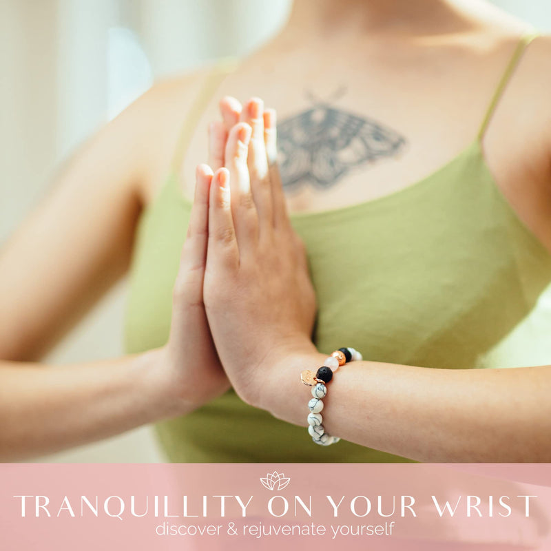 AURA LOVE YOURSELF Relaxation Gift for Women Healing Stress Relief Gift for MUM Lava Rock Bracelet Yoga Beads with Lavender Essential Oil Calming Aromatherapy Diffuser Stone Beaded Bracelet Self Care White Howlite Lava - BeesActive Australia