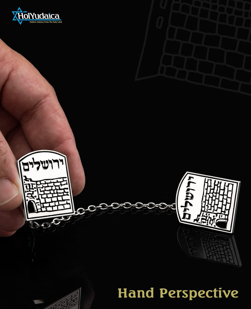 Clips for Tallit Prayer Shawl, Made in Israel, Silver & Black Color, with The Jerusalem Western Wall and Jerusalem Word Written in Hebrew, 3 cm / 3.5 cm - BeesActive Australia