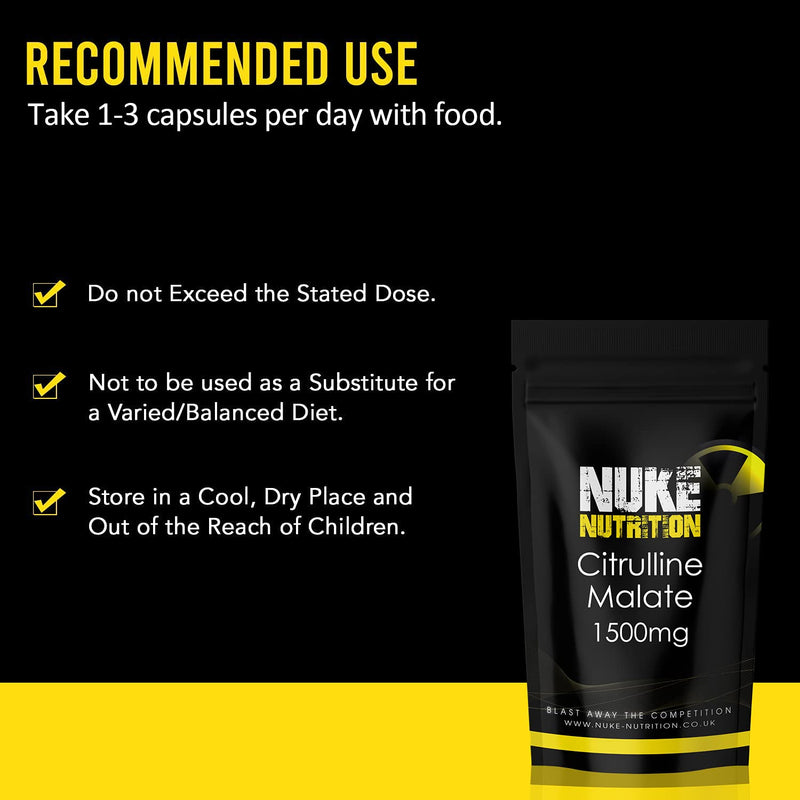 Nuke Nutrition L Citrulline Malate Capsules | 120 Capsules | High Strength 1500mg Dose Supplement | Boost Circulation, Performance & Muscle Recovery | 100% Natural, Preservative & Filler Free | Vegan 120 Count (Pack of 1) - BeesActive Australia