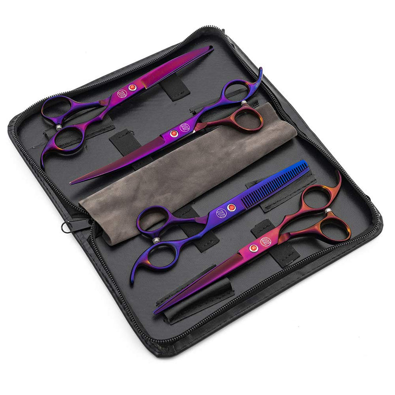 Moontay Professional 7.0/8.0 inches Dog Grooming Scissors Set, 4-Pieces Straight, Upward Curved, Downward Curved, Thinning/Blending Shears for Dog, Cat and Pets, JP Stainless Steel 7 Inch (Pack of 4) Purple - BeesActive Australia