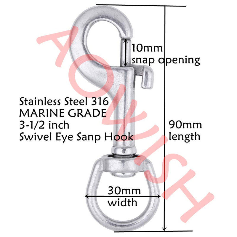 [AUSTRALIA] - AOWISH 2-Pack 316 Stainless Steel Swivel Eye Bolt Snap Hook Marine Grade Single Ended Diving Clips for Flagpole/Pet Leash/Camera Strap/Keychains/Tarp Covers/Clothesline and More 3-1/2 inch, Silver 