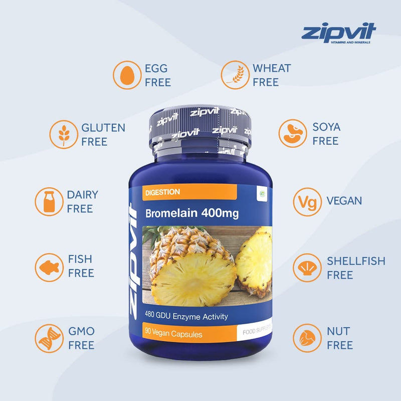 Bromelain 400mg, 90 Vegan Capsules. 6 Weeks Supply. 480 GDU Enzymes. Natural Pineapple Enzyme. - BeesActive Australia