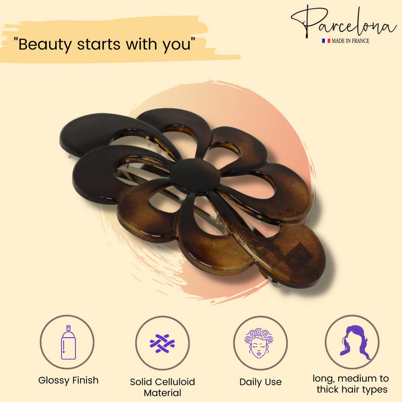 Parcelona French Wide Flower 4" Medium Tortoise Shell Celluloid Hair Barrette Clips Non Slip Women Hair Accessories, Made in France - BeesActive Australia