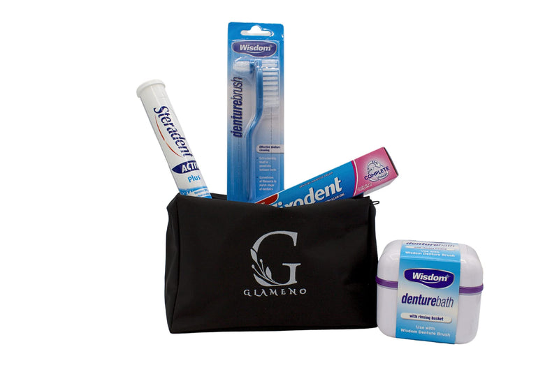 Denture Adhesive Cream | Denture Box-with Rinsing Basket | Denture Cleaning Tablets | Denture Brush Bundled with Glameno Toiletry Bag - BeesActive Australia