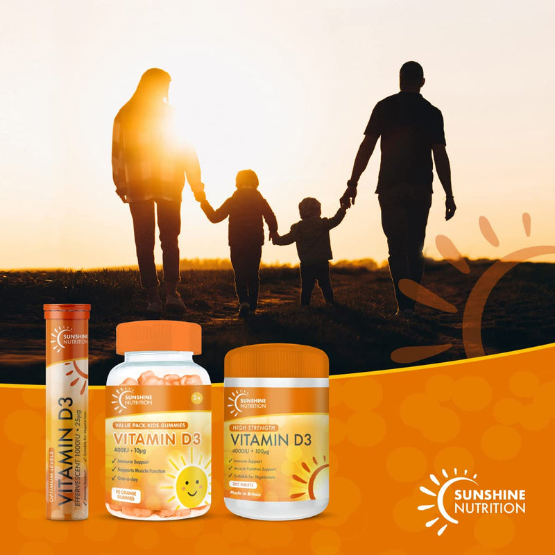Sunshine Nutrition Vitamin D Effervescent Tablets - Dissolvable High Strength Vitamin D3-20 Vitamins Per Tube (4 Pack) 20 Count (Pack of 4) - BeesActive Australia