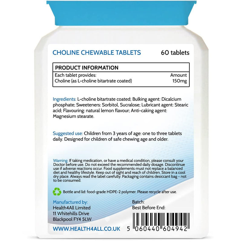 Health4All Kids Choline 150mg Chewable 60 Tablets Vegan Children's Supplement to Support Memory and Learning 60 Count (Pack of 1) - BeesActive Australia