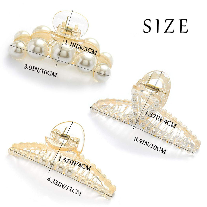 IYOU French Pearl Hair Claw White Large Plastic Banana Clips Hair Claw Clips Thick Nonslip Outdoor Hair Jaw Clips for Women and Girls(3Pcs) - BeesActive Australia