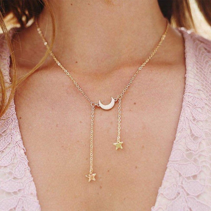 Sakytal Simple Moon Necklace Star Tassel Pendant Necklaces Chain Jewelry Adjustable for Women and Girls (Silver) Silver - BeesActive Australia