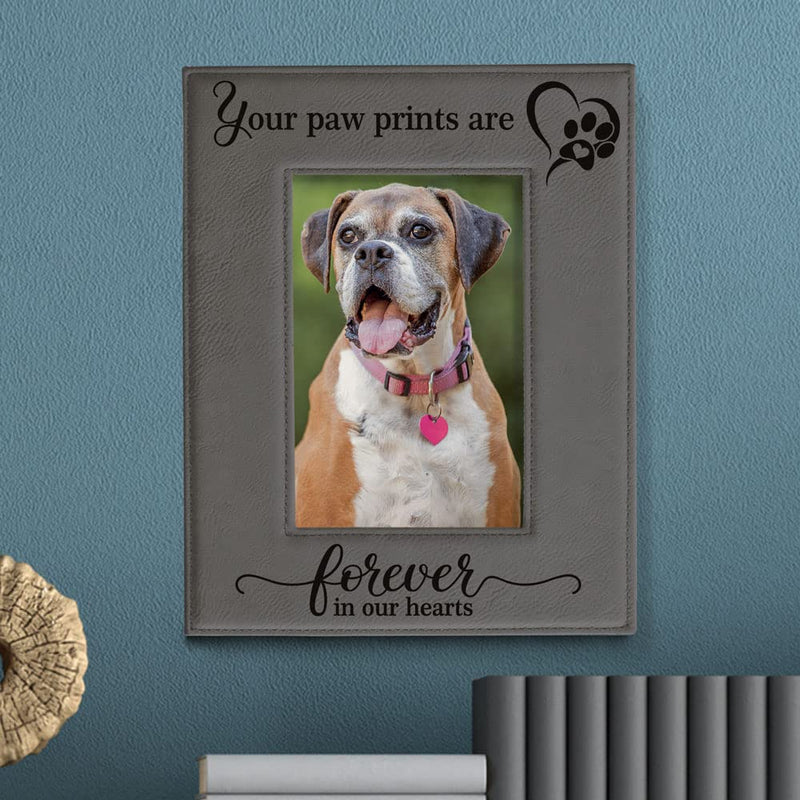 KATE POSH - Your Paw Prints are Forever in our Hearts. Engraved Leather Picture Frame. Memorial Pet Gift, Loss of Dog and Cat, Pet sympathy gift, In memory of (4" x 6" Vertical) 4" x 6" Vertical - BeesActive Australia