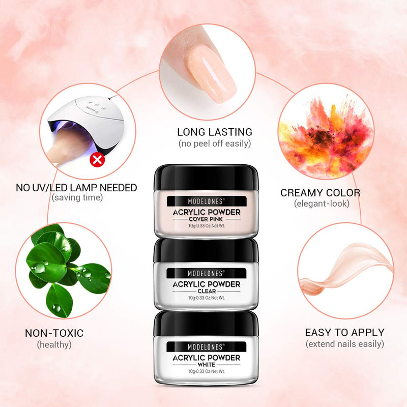 Modelones Acrylic Powder with Professional Liquid Monomer for Nail Extension Clear/White/Nude All in One Kit with Carrier Bag Acrylic Nail Brush Nail Form No Need Nail Lamp, MMA Free Monomer - BeesActive Australia