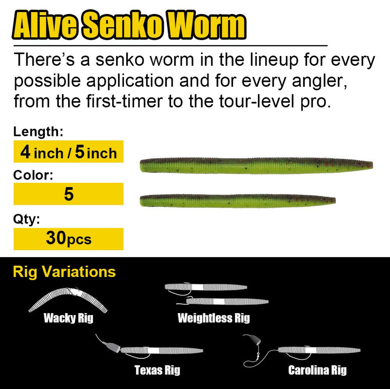 [AUSTRALIA] - XFISHMAN Senko Worms Bass Fishing Lure Kit 30 pk Wacky Rig Worms Soft Plastic Stick Baits 4" 5" inch Senko Worms (4in, 5 colors,30pcs) 