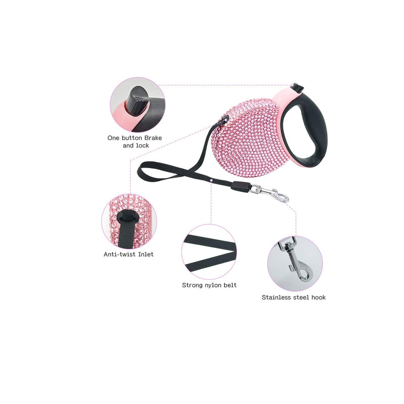 Triumilynn Rhinestone Retractable Dog Leash Bling 10ft, Cat Walking Leash Pink for Small Breed, Gift Waste Bags Dispenser Included, 360° Tangle-Free - BeesActive Australia