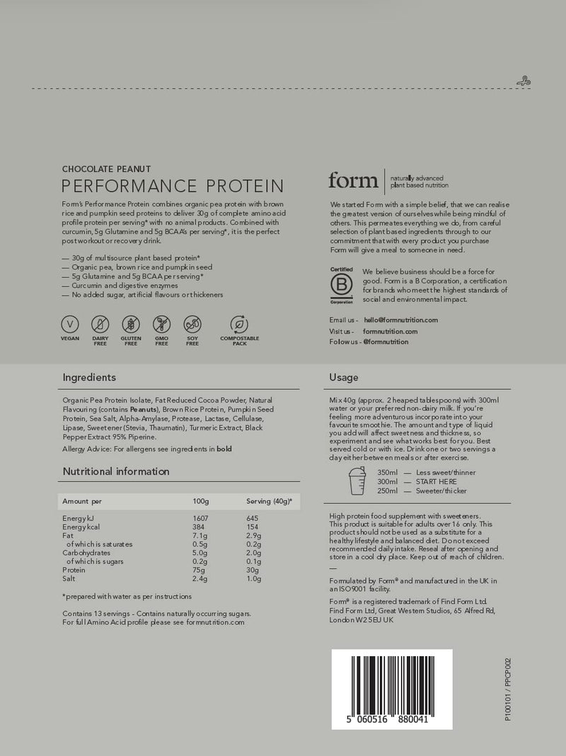 Form Performance Protein - Vegan Protein Powder - Complete Amino Acid Profile with BCAAs and Digestive Enzymes. Perfect Post Workout. Tastes Great with Just Water! (Chocolate Peanut) Chocolate Peanut 520 g (Pack of 1) - BeesActive Australia