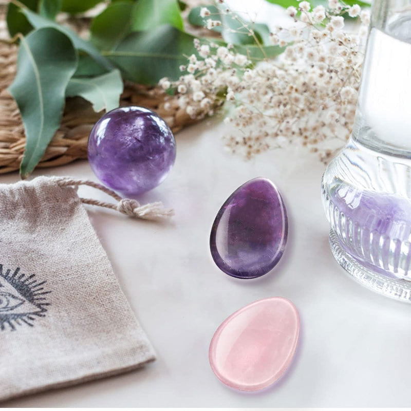 2 Packs Thumb Worry Stone for Anxiety,Natural Rose Quartz Amethyst Healing Crystals Set,Chakra Reiki Gemstone Pocket Palm Stones for Anxiety Stress Relief Meditation Crystal Therapy,Teardrop Shape - BeesActive Australia