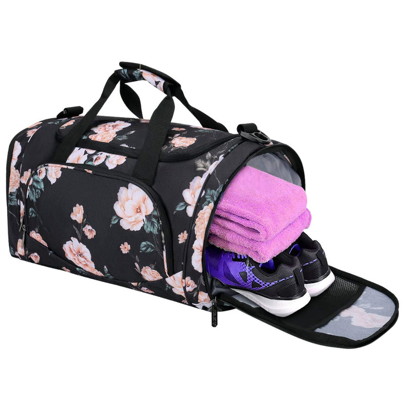 MOSISO Sports Duffel Peony Gym Bag with Shoe Compartment Black - BeesActive Australia