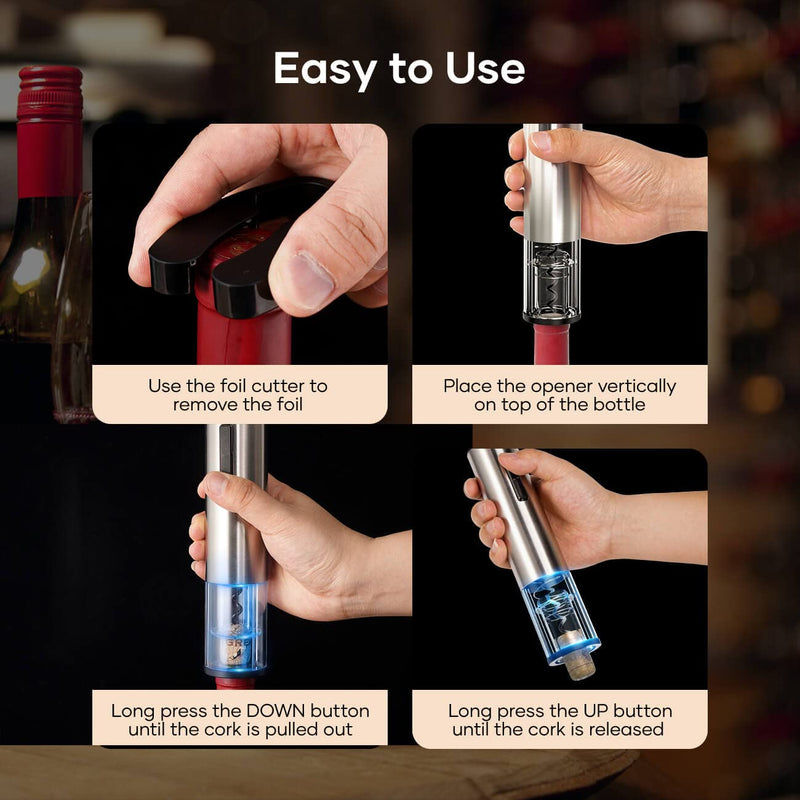 Crenova 6-in-1 Wine Opener Electric Rechargeable Automatic Corkscrew Bottle Opener set with Vacuum Stopper, Aerator Pourer, Foil Cutter, Display Base & USB Charging Cable, Silver - BeesActive Australia