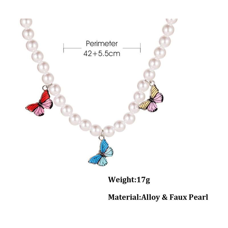 Butterfly Faux Pearl Strands Pendant Necklace Artificial Pearl Beads Papillon Chain Jewelry Silver Plated for Women Girls - BeesActive Australia