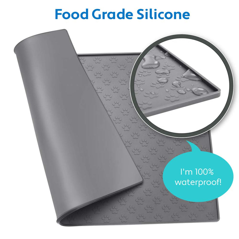 MIGHTY MONKEY Silicone Pet Feeding Mat, Waterproof Placemat for Dog and Cat Bowls, Raised Edges, Prevent Water Spills and Food Messes on Floor, Paw Print Tray Mats, Dishwasher Safe 18x12 Inch (Pack of 1) Gray - BeesActive Australia