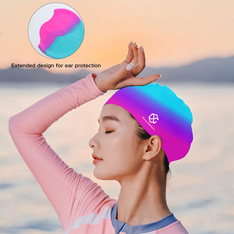 Womens Swim Cap for Long Hair，Silicone Swimming Hats for Women Men Adults,Bathing Swimming Caps with Ear Plugs and Nose Clip, Keep Hair Dry - BeesActive Australia