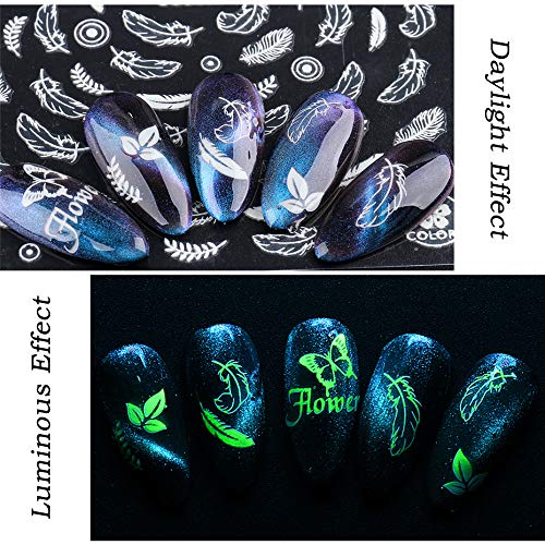 IDALL Luminous Butterfly Flower Nail Art Adhesive Stickers - 8Sheets 3D Fluorescent Mixed Pattern Nail Decals,Butterfly Dragonfly Feather Leaf Design Nail Decorations A3 - BeesActive Australia