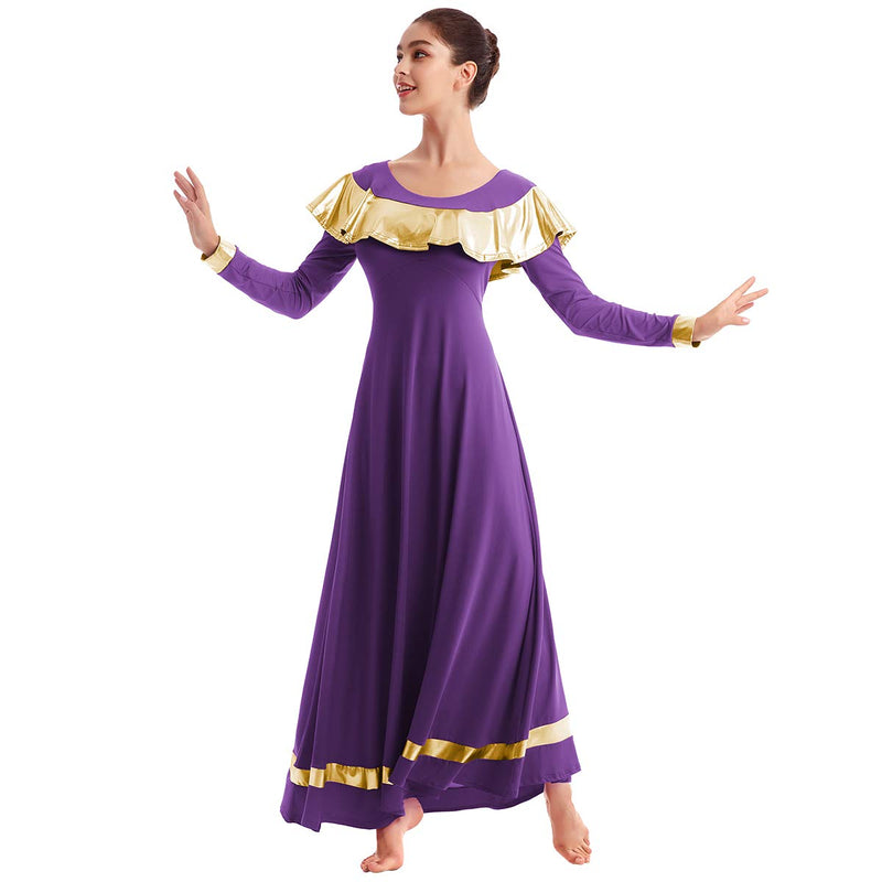 [AUSTRALIA] - IBAKOM Womens Praise Liturgical Worship Dance Dress Ruffle Metallic Gold Color Block Loose Fit Full Length Dancewear Purple+gold XX-Large 