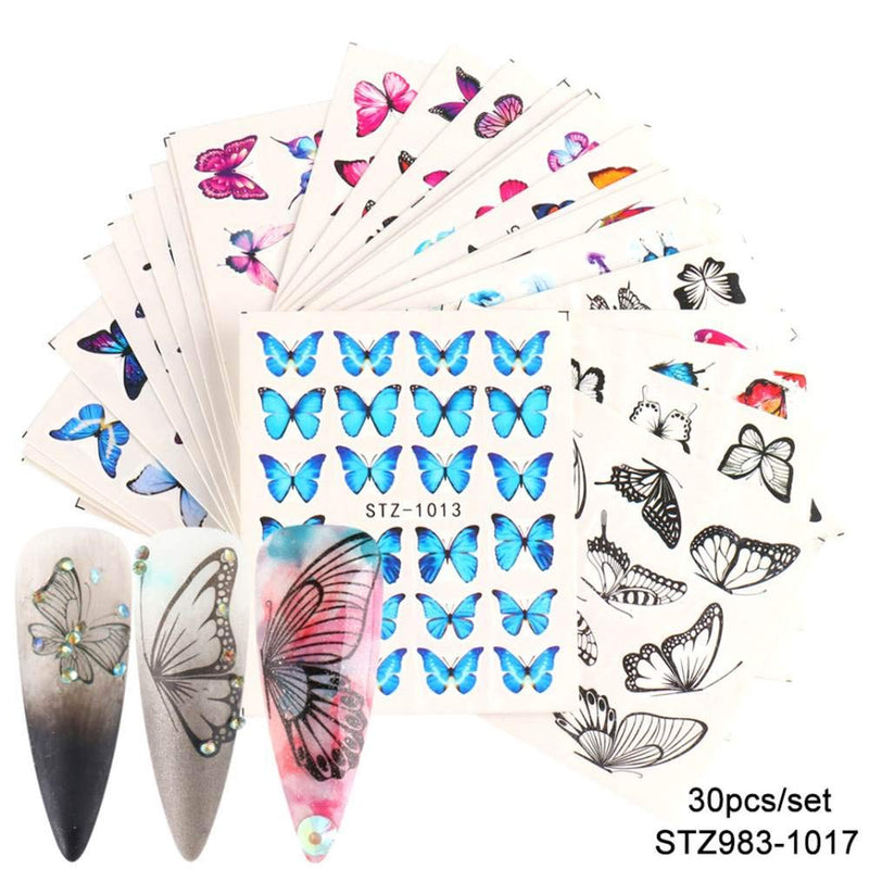 30PCS Butterfly Nail Art Decals Stickers Colorful Butterflies For Nails Butterfly Design Nail Foil Water Transfer Romantic French Painting Nail Butterflies Flower Sticker For Acrylic Nails Design Kit - BeesActive Australia
