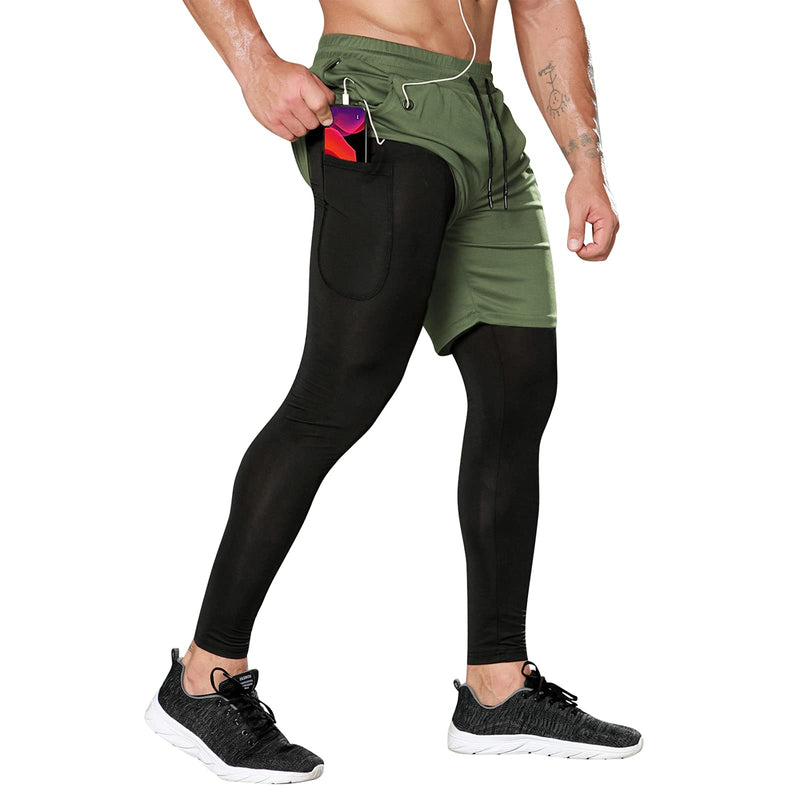 Odoland 2 Pack Mens Compression Running Pants, 2 in 1 Quick Dry Athletic Workout Sweatpants Shorts Gym Leggings with Pocket Black/ Army Green Medium - BeesActive Australia