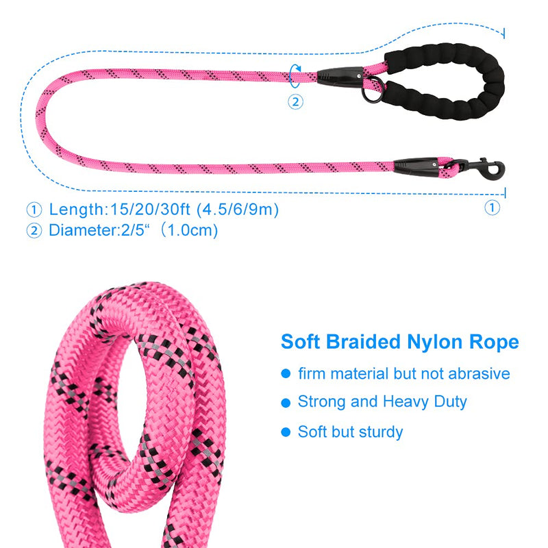 Plutus Pet Long Rope Dog Leash, with Comfortable Padded Handle, Reflective Nylon Heavy Duty Rope Leash, 15FT 20FT 30FT Dog Training Leash for Small Medium Large Dogs 2/5"x30' PINK - BeesActive Australia