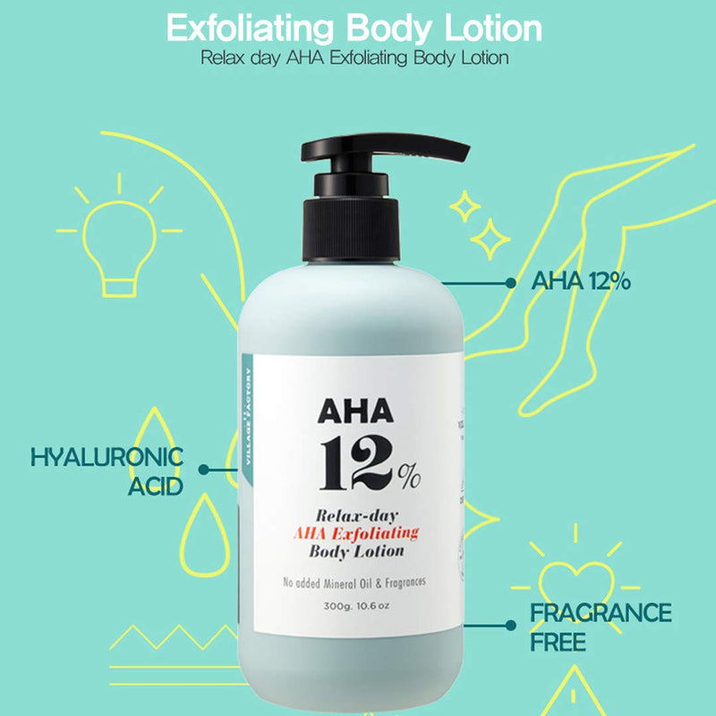 VILLAGE11FACTORY AHA 12% Body Lotion , Exfoliating & Rejuvenating Formula with 12% Glycolic Acid and Hyaluronic Acid. Unscented, Paraben Free. 10.6 Oz - BeesActive Australia