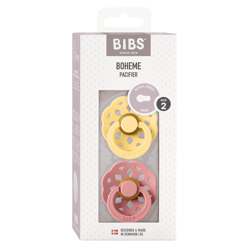 BIBS Pacifiers 6-18 Months | 2-Pack Soothers | BPA-Free Round Nipple | Made in Denmark | Pale Butter/Dusty Pink Boheme Pacifier - BeesActive Australia