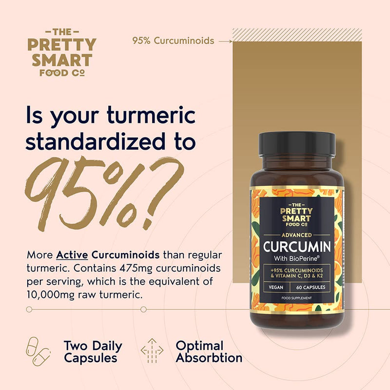 Powerful Curcumin 95 & BioPerine - Turmeric Capsules High Strength with Black Pepper - High Absorption 95% Curcuminoids - With D3, K2, Coconut & Botanicals - 60 Capsules (not tablets) - Made in The UK - BeesActive Australia
