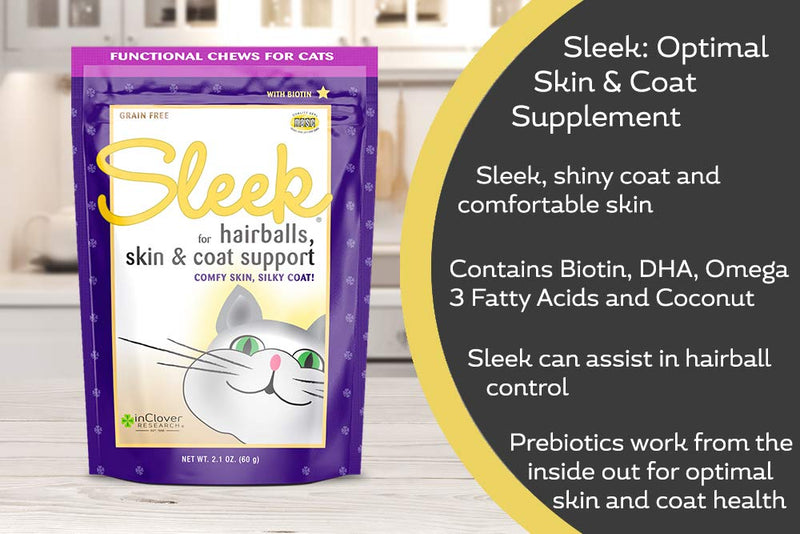 In Clover Sleek, Cat Hairball Control Daily Supplement, Cat Chew Treat, Prebiotic for Cats Helps Manage Shedding, Control Hairballs, Strengthen Coat, DHA Omega 3 Fatty Acid Supplement for Cats 2.1 oz - BeesActive Australia