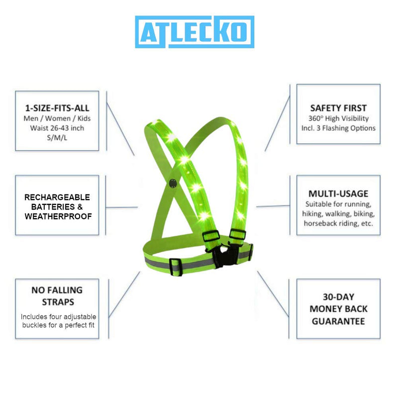 Atlecko 360° Rechargeable LED Running, Cycling, Hiking Reflective Vest & Belt for Men, Women & Kids - Safe & Comfortable - Bright Lights for High Visibility, Excellent Battery Life, Perfect for Night - BeesActive Australia