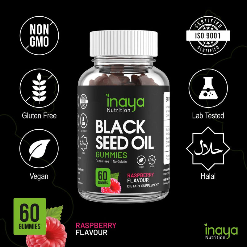 Inaya Nutrition Black Seed Oil Gummies | Natural Raspberry Flavour | Vegan | Contains 2% Thymoquinone from Nigella Sativa Seeds | 60 Gummies | Supports Immune System, Weight Loss, Joints, Hair & Skin - BeesActive Australia