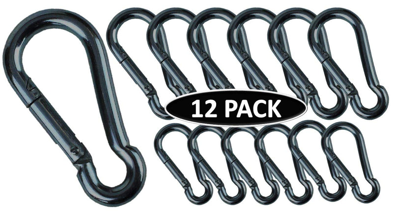 Branded Boards Black & Silver Heavy Duty Bushcraft Zinc-Galvanized Steel Carabiner Spring Snap Clip Link Hooks. 200-400lb Load. 6 Packs, 12 Packs and Variety Packs. Black-5cm & 7cm-12 Pack - BeesActive Australia