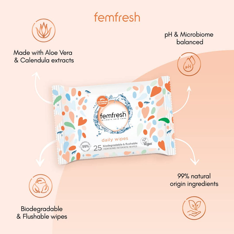 Femfresh Intimate Wipes - Flushable & Biodegradable Disposable Feminine Hygiene Vaginal Cloths w. Calendula & Aloe Vera Extracts - Soothing, pH Balanced, Hypoallergenic, 25 Count (Pack of 1) 25 Count (Pack of 1) Single - BeesActive Australia