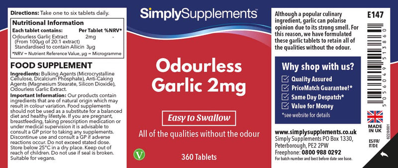 Odourless Garlic 2mg | 360 Tablets | Supports Heart Health & Circulation | Manufactured in The UK - BeesActive Australia