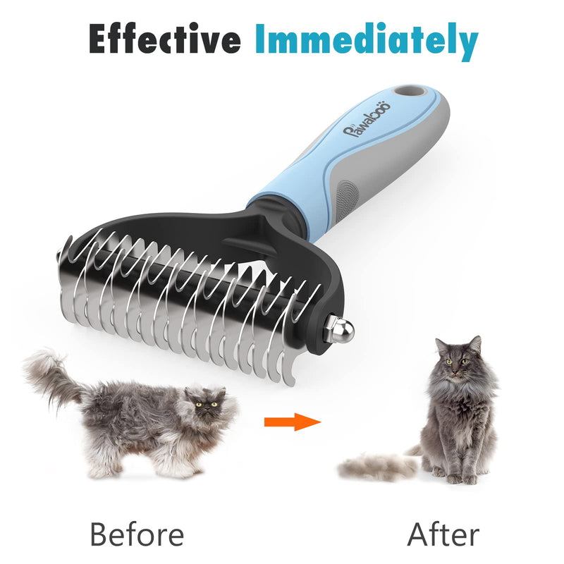 Pawaboo Pet Dematting Comb - Pet Grooming Comb with Dual Sided 9+17 Rake for Dogs and Cats, Gently Removes Loose Undercoat, Mats, Tangles and Knots Blue Gray - BeesActive Australia