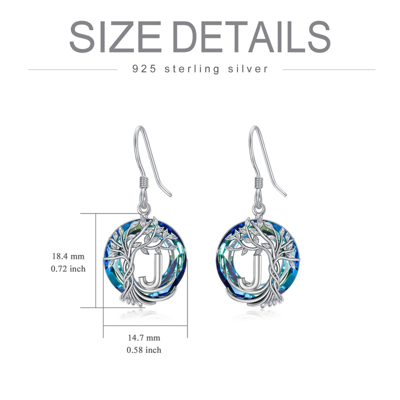 TOUPOP Earrings for Women Tree of Life Earrings with A-Z Initial Letter 925 Sterling Silver Hooks Drop Earrings Tree Dangle Earrings with Blue Circle Crystal Birthday Jewelry Gifts for Women Girls Friends J - BeesActive Australia