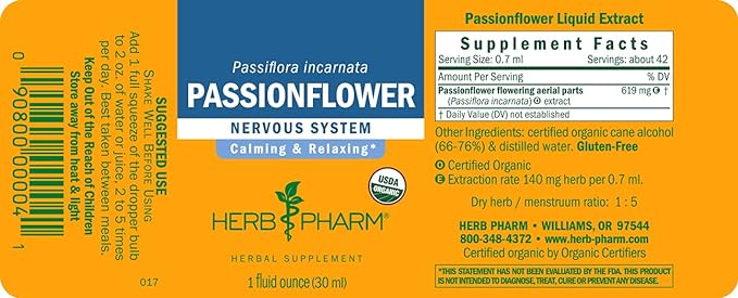 Herb Pharm Certified Organic Passionflower Extract for Mild and Occasional Anxiety - 1 Ounce by Herb Pharm - BeesActive Australia
