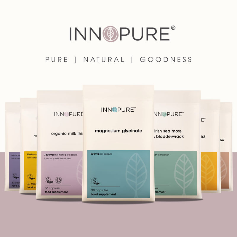 INNOPURE Magnesium Glycinate Capsules - Bioavailable Magnesium Supplements - 500mg Per Capsule Providing 100mg of Elemental Magnesium Bisglycinate Powder, 90 Capsules, UK Made 90 count (Pack of 1) - BeesActive Australia