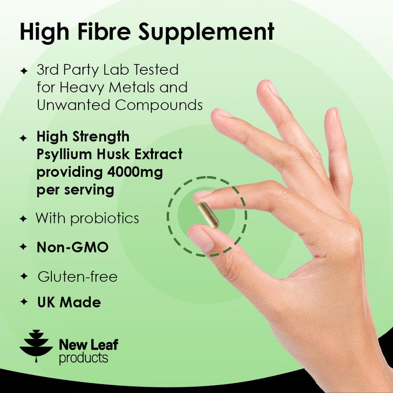 Fibre Supplement 4000mg Psyllium Husk With Probiotic Acidophilus - High Strength - Natural Soluble Fiber Supplement From Plantago Ovata Seeds, 120 Psyllium Husks capsules Vegan, Made in UK by New Leaf - BeesActive Australia