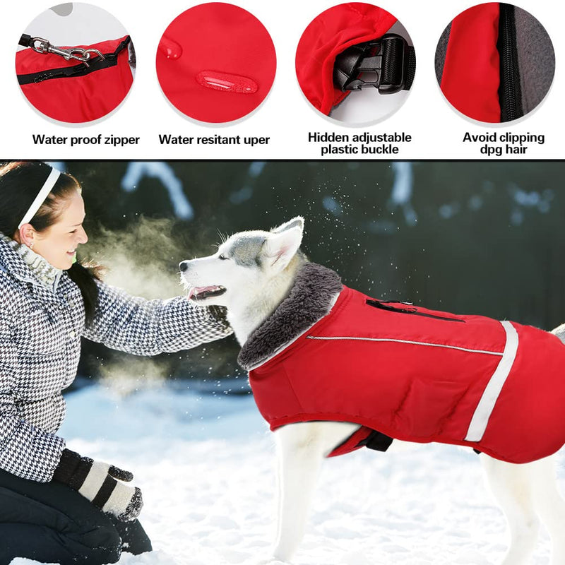 Doglay Dog Winter Coat with Thicken Furry Collar, Reflective Warm Pet Jacket Waterproof Windproof Dog Clothes for Cold Weather, Soft Puppy Vest Apparel for Small Medium Large Dogs L(Chest : 19.7-27.56" , Back :16.53") Red - BeesActive Australia